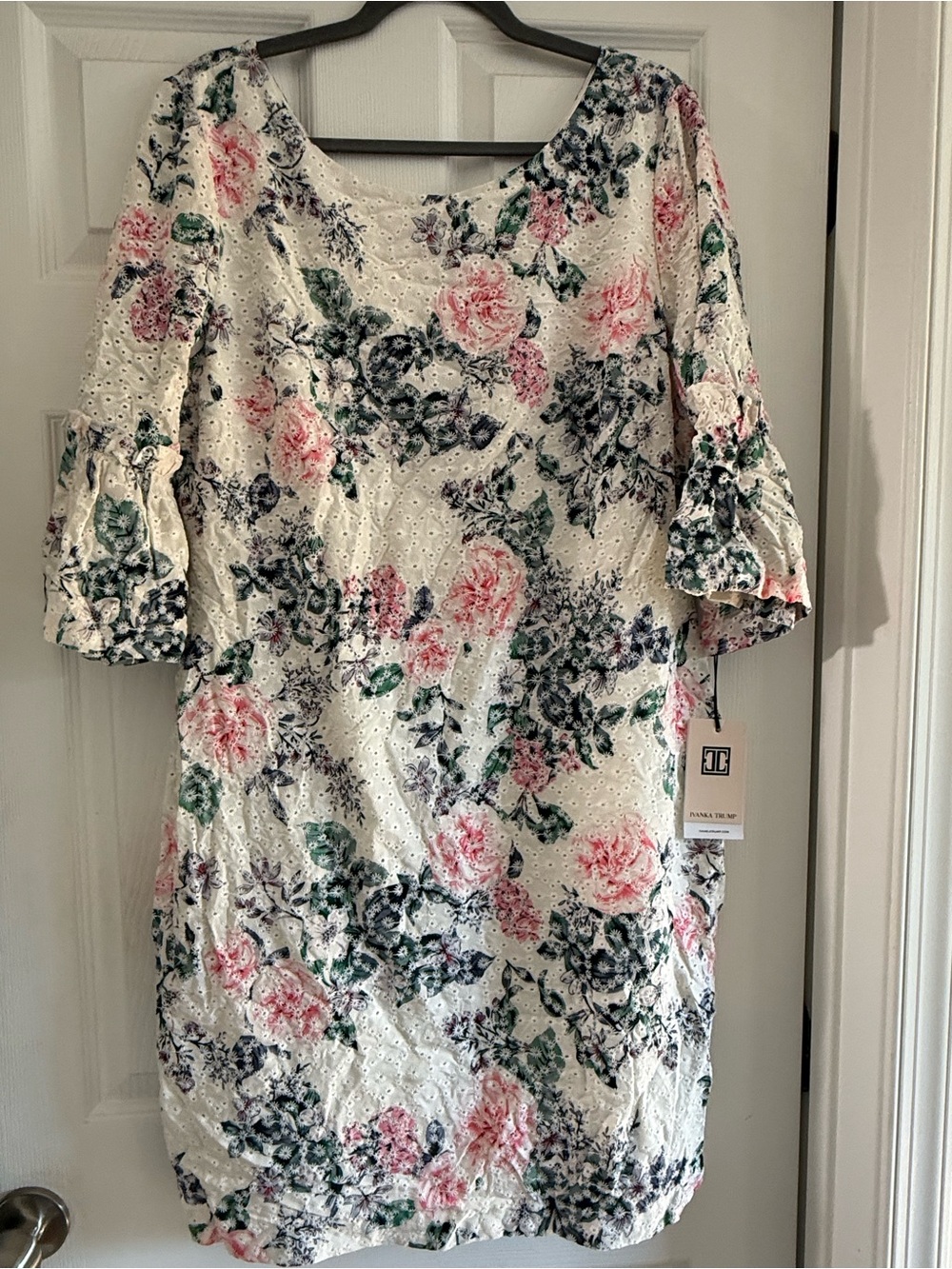 Ivanka Trump White Eyelet Midi Dress with Pink and Green Floral Print